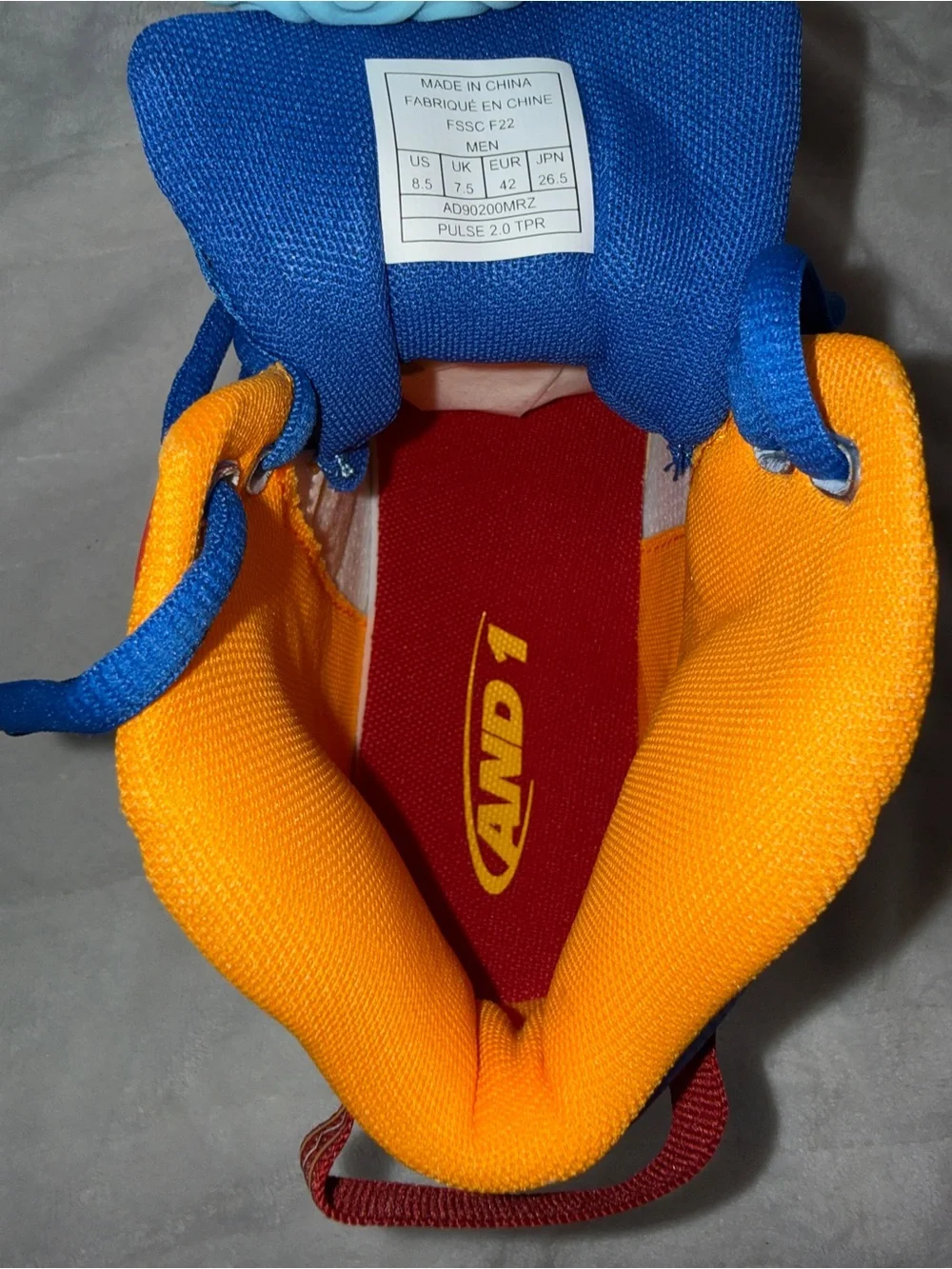 Mens 8.5 or women’s 10, AND1 Red, Blue, White, & Orange, Basketball Shoes.